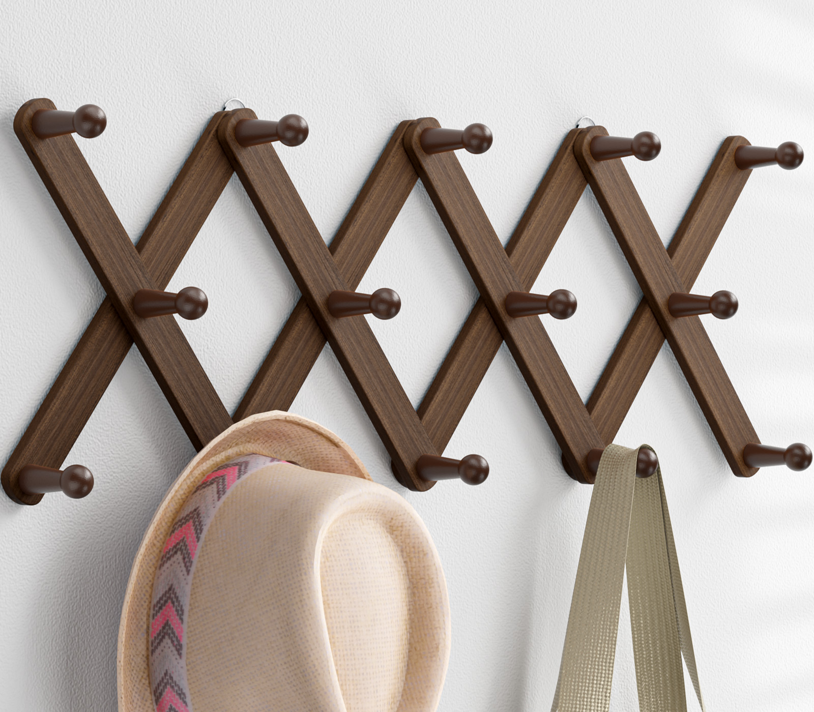 Optish Accordion Wall Hanger with 14 Hooks, Expandable Hat Racks for Baseball Caps Wall, Wood Walls Coat Rack Purse Rack for Baseball Caps, Bag