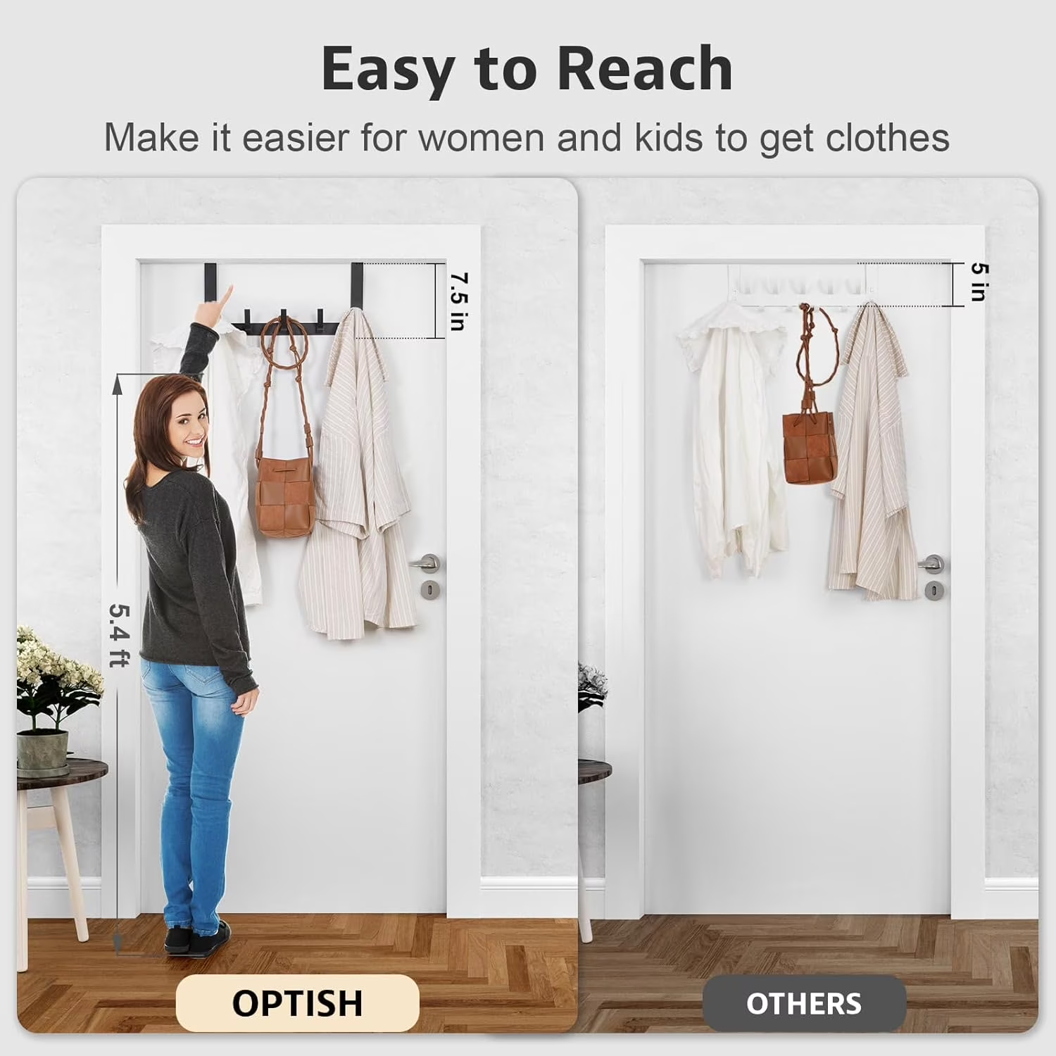 Optish Over The Door Hooks with 5 Coat Hooks, Over The Door Towel Rack Door Hanger Hook for Hanging Clothes, Coats, Towels, Hat - Image 2