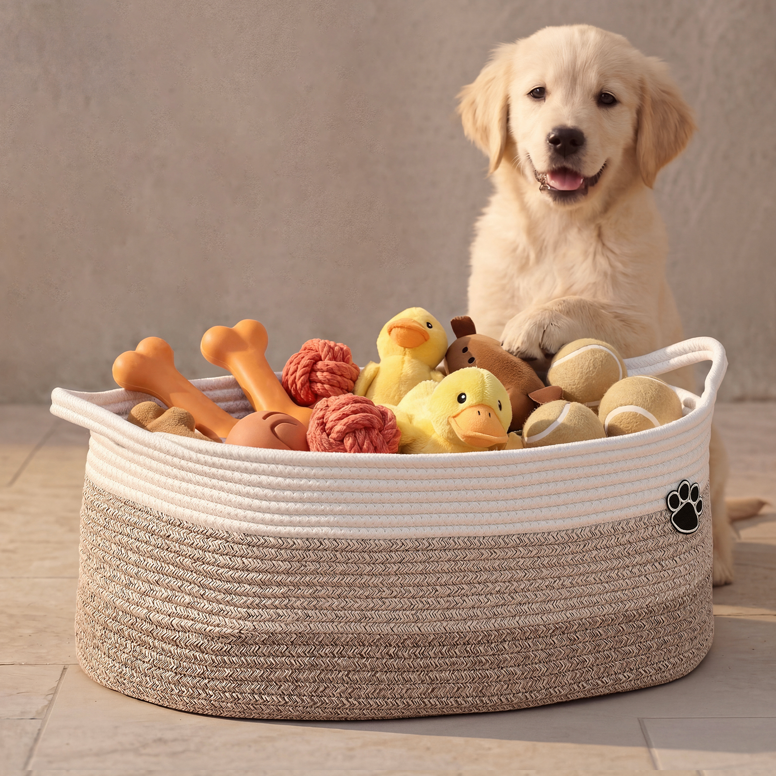 Optish Dog Toy Basket, 30L Toy Box and Bin for Dog Cat Storage, 19.7" X 11" X 7.9" Large Woven Rope Basket for Blanket Storage, Living Room, Bedroom, White & Brown - Image 8