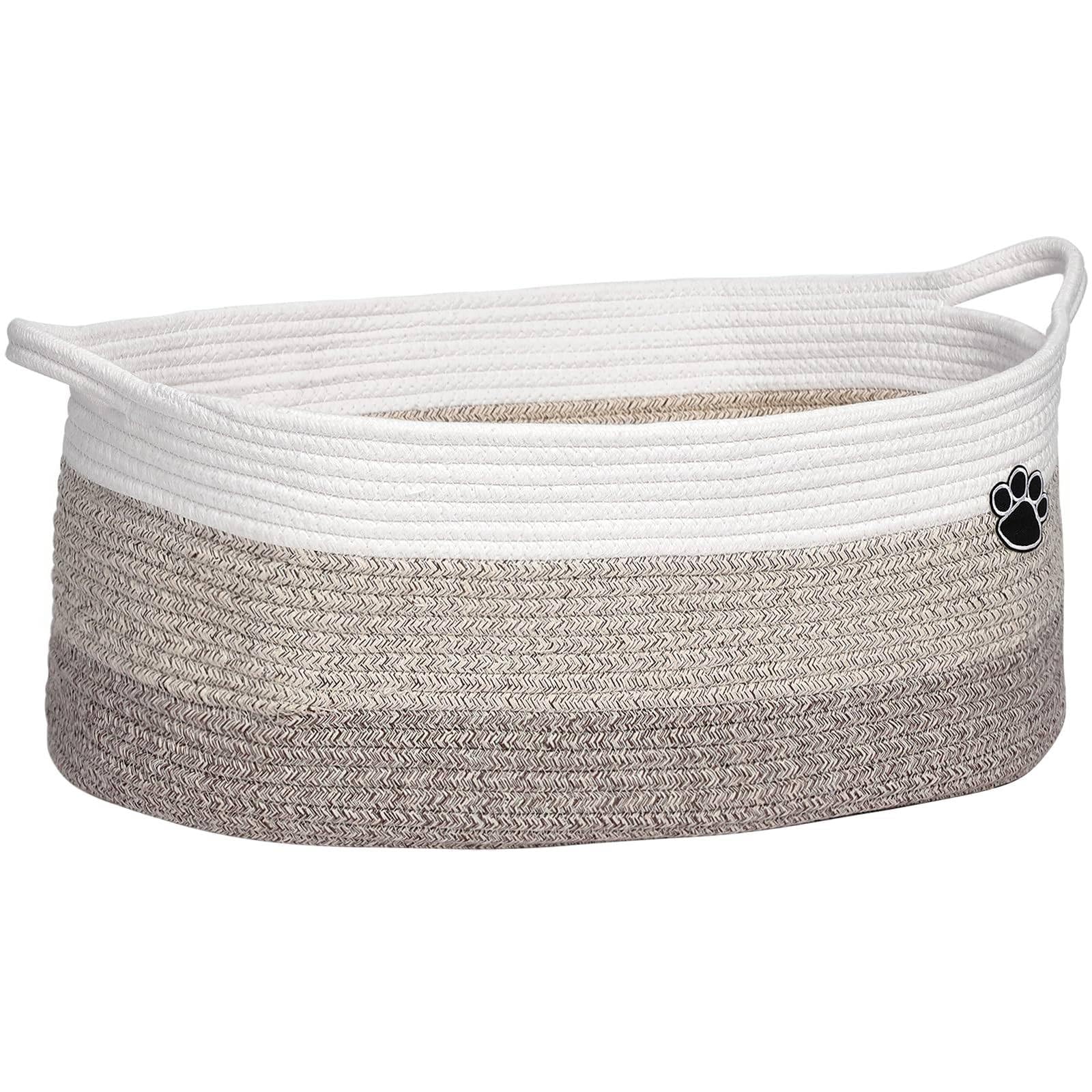 Optish Dog Toy Basket, 30L Toy Box and Bin for Dog Cat Storage, 19.7" X 11" X 7.9" Large Woven Rope Basket for Blanket Storage, Living Room, Bedroom, White & Brown