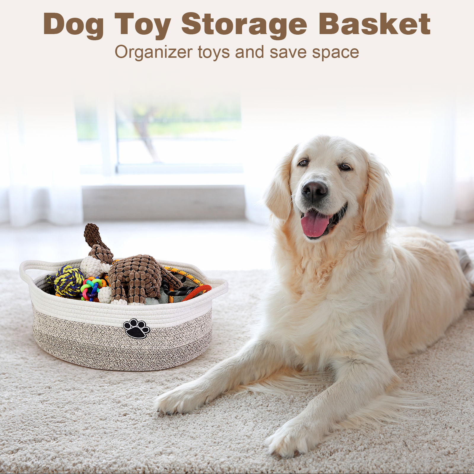Optish Dog Toy Basket, Toy Box and Bin for Dog Cat Storage, 13.5" X 11" X 5" Small Woven Rope Basket for Baby Storage, Closet, Living Room, White & Brown - Image 2