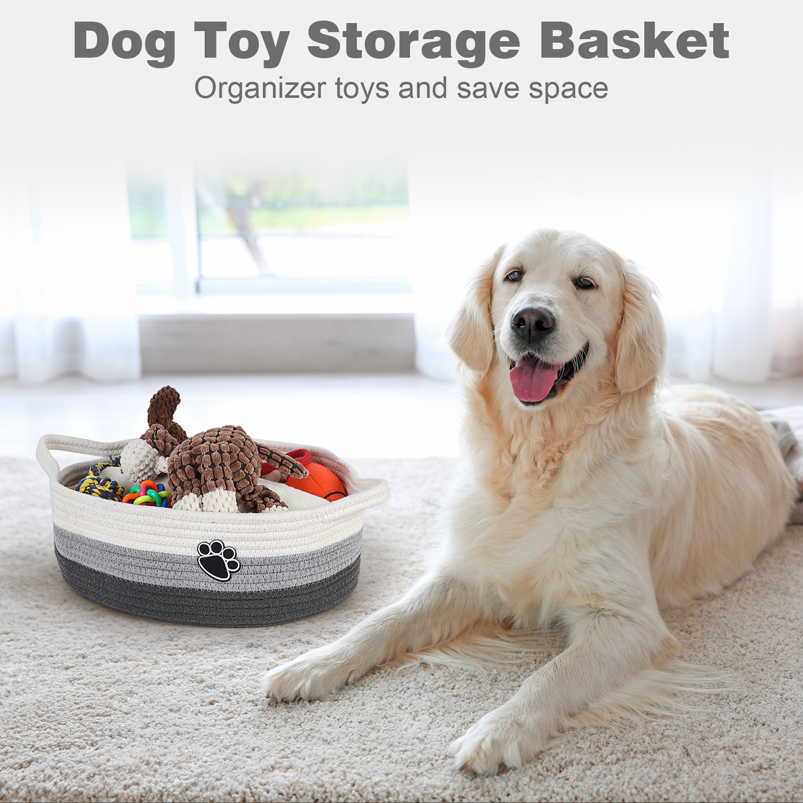 Optish Dog Toy Basket, Toy Box and Bin for Dog Cat Storage, 13.5" X 11" X 5" Small Woven Rope Basket for Baby Storage, Closet, Living Room, White & Grey - Image 7