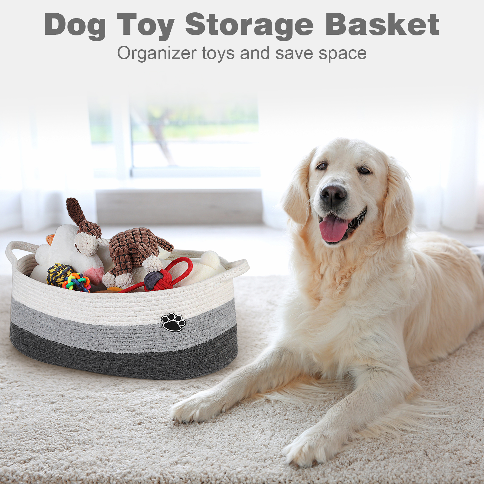Optish Dog Toy Basket, 30L Toy Box and Bin for Dog Cat Storage, 19.7" X 11" X 7.9" Large Woven Rope Basket for Blankets, Living Room, Bedroom, White & Grey - Image 7