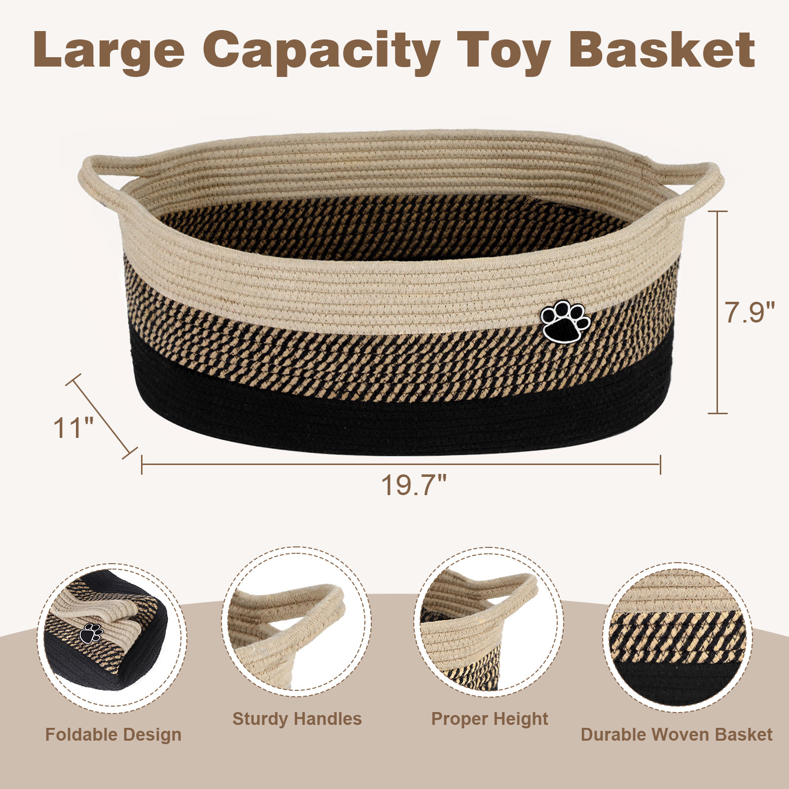 Optish Dog Toy Basket, 30L Toy Box and Bin for Dog Cat Storage, 19.7" X 11" X 7.9" Large Woven Rope Basket for Blanket Storage, Living Room, Bedroom, Black & Brown - Image 7