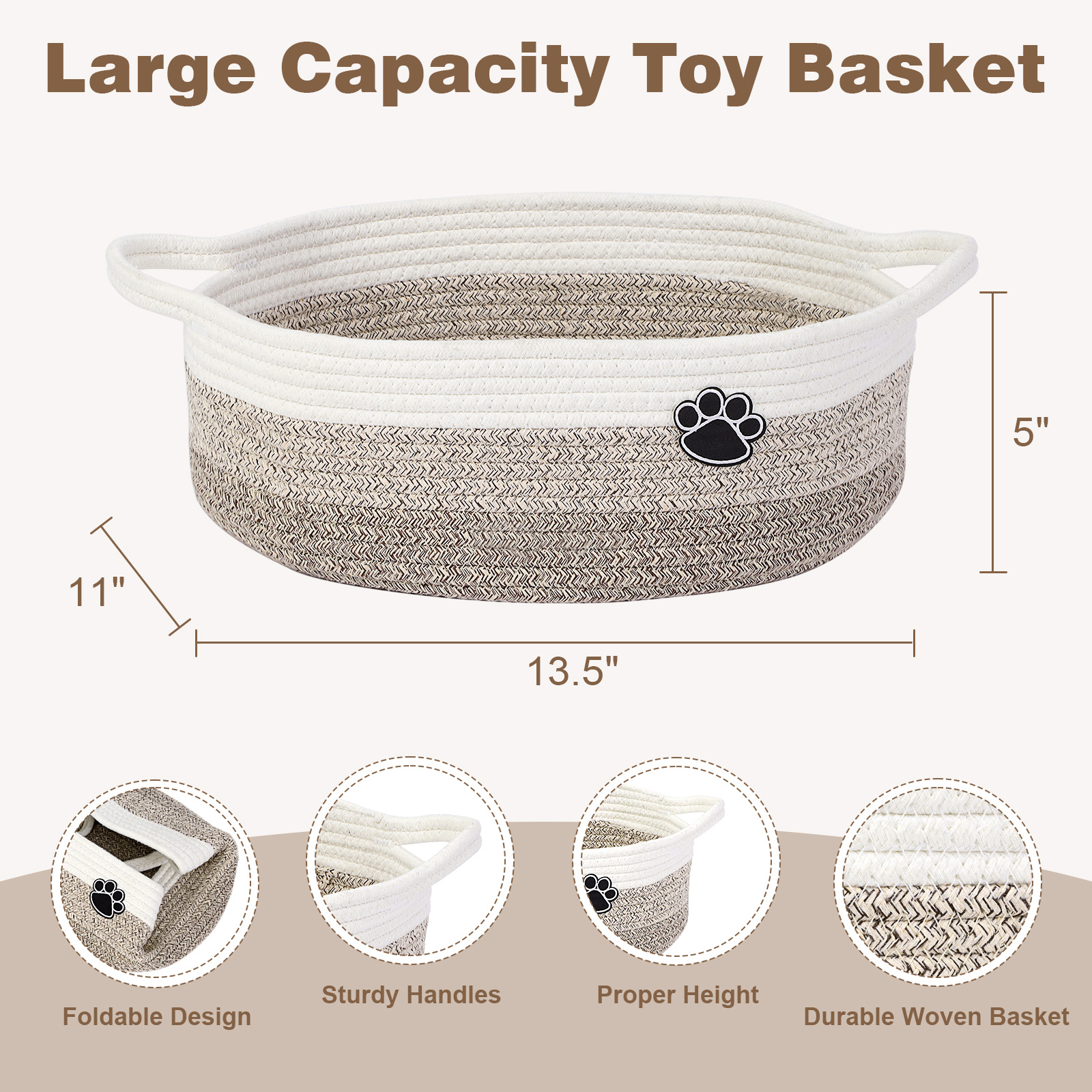 Optish Dog Toy Basket, Toy Box and Bin for Dog Cat Storage, 13.5" X 11" X 5" Small Woven Rope Basket for Baby Storage, Closet, Living Room, White & Brown - Image 7