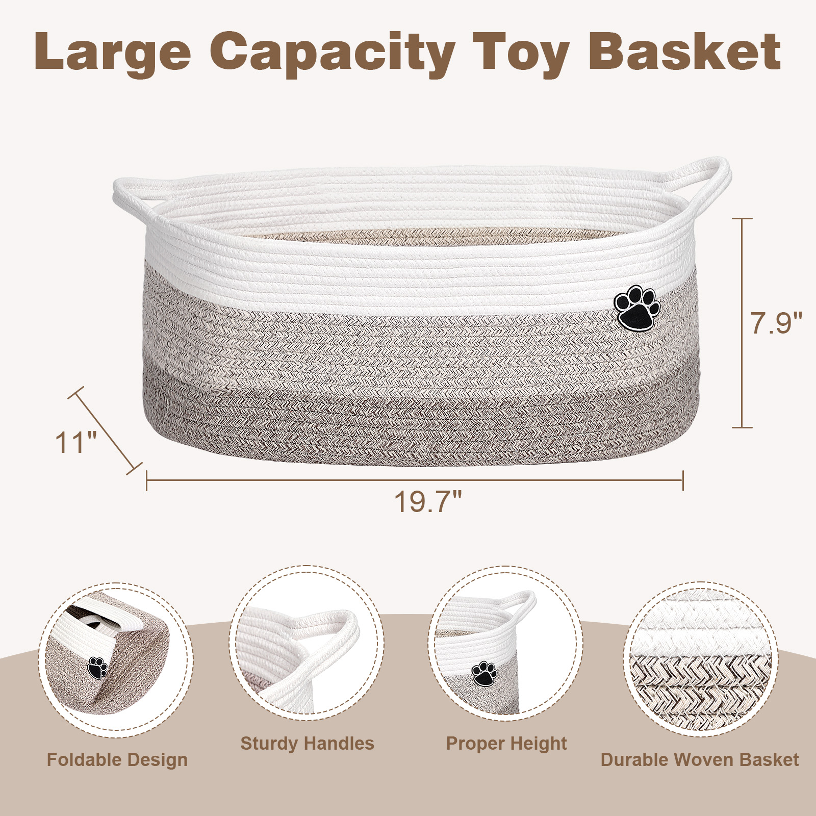 Optish Dog Toy Basket, 30L Toy Box and Bin for Dog Cat Storage, 19.7" X 11" X 7.9" Large Woven Rope Basket for Blanket Storage, Living Room, Bedroom, White & Brown - Image 6