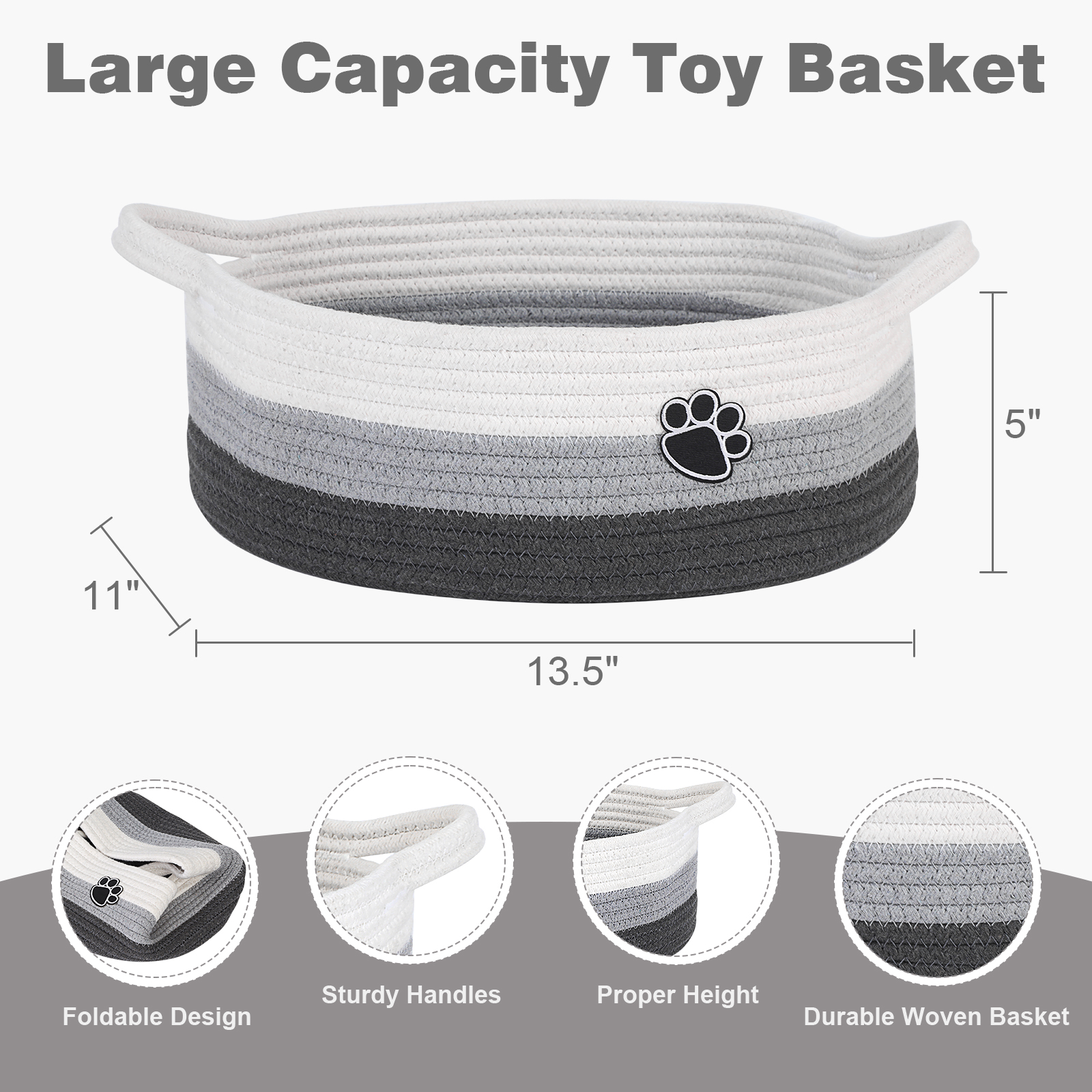 Optish Dog Toy Basket, Toy Box and Bin for Dog Cat Storage, 13.5" X 11" X 5" Small Woven Rope Basket for Baby Storage, Closet, Living Room, White & Grey - Image 6