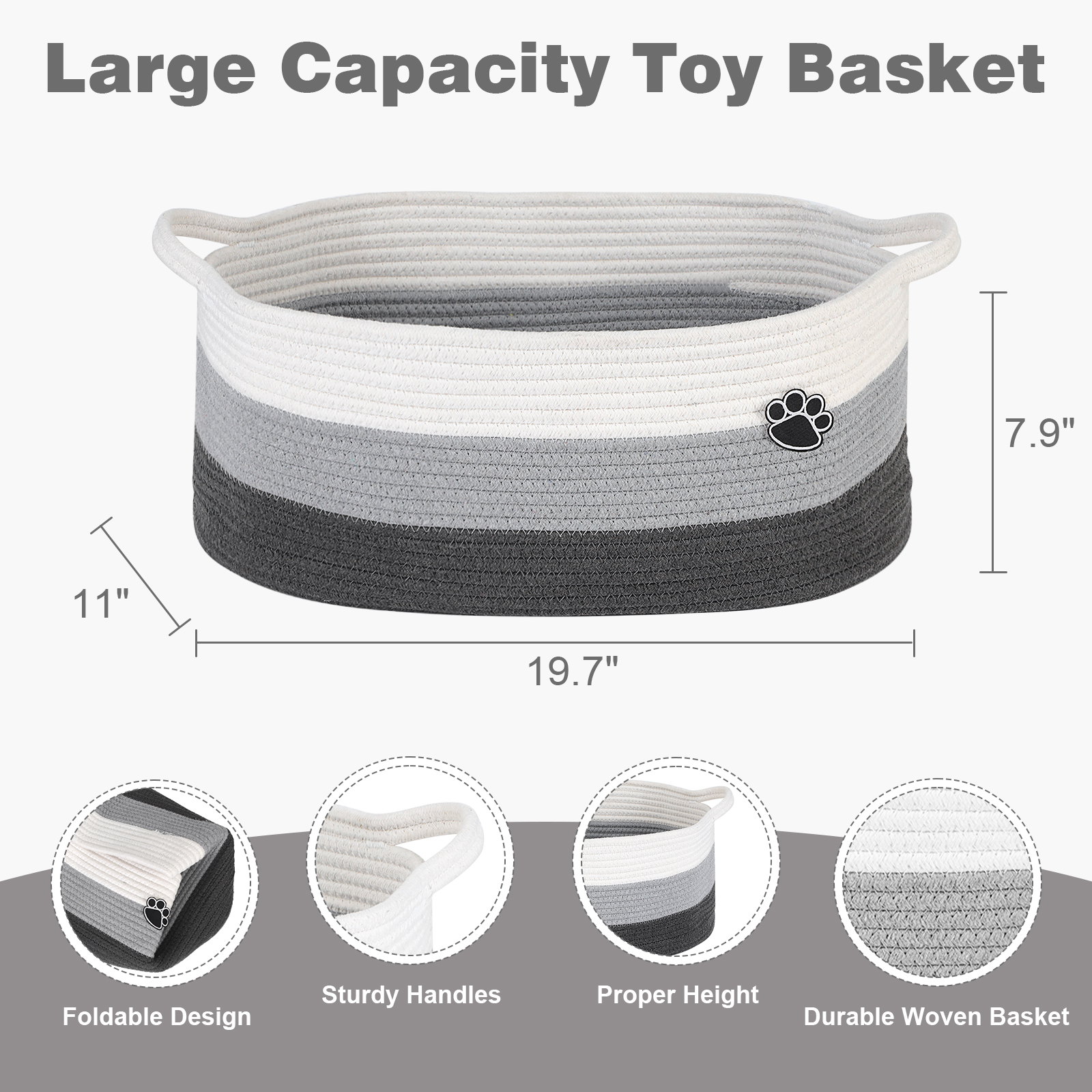 Optish Dog Toy Basket, 30L Toy Box and Bin for Dog Cat Storage, 19.7" X 11" X 7.9" Large Woven Rope Basket for Blankets, Living Room, Bedroom, White & Grey - Image 6