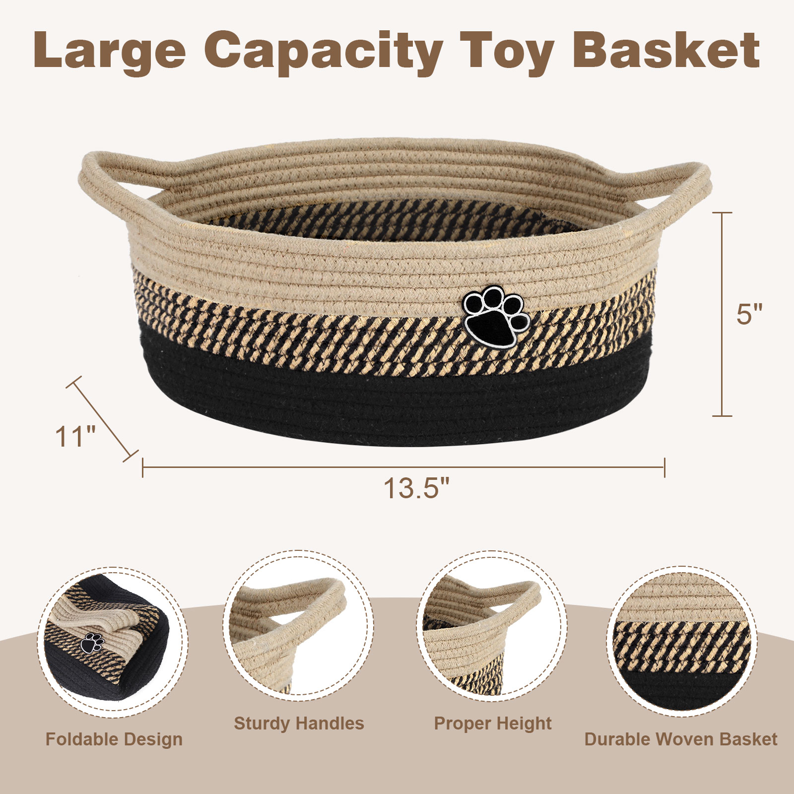 Optish Dog Toy Basket, Toy Box and Bin for Dog Cat Storage, 13.5" X 11" X 5" Small Woven Rope Basket for Baby Storage, Closet, Living Room, Brown & Black - Image 3