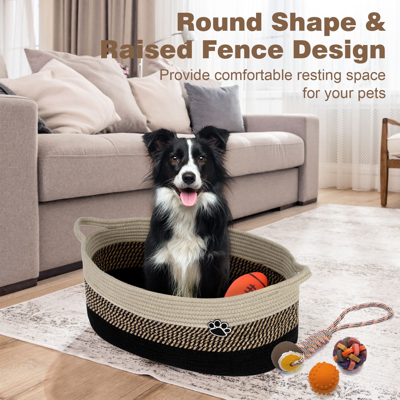 Optish Dog Toy Basket, 30L Toy Box and Bin for Dog Cat Storage, 19.7" X 11" X 7.9" Large Woven Rope Basket for Blanket Storage, Living Room, Bedroom, Black & Brown - Image 6