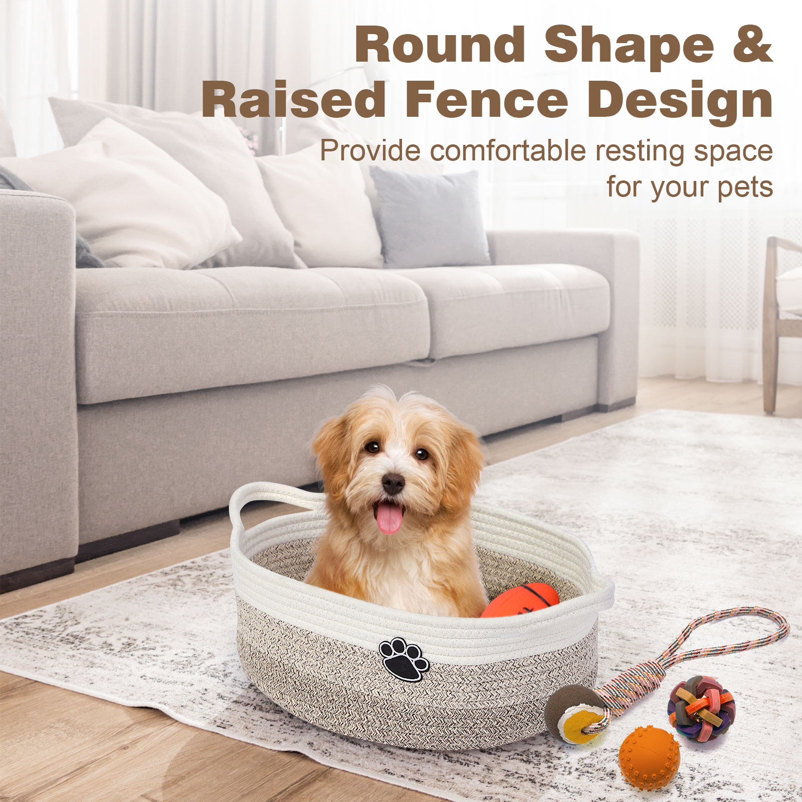 Optish Dog Toy Basket, Toy Box and Bin for Dog Cat Storage, 13.5" X 11" X 5" Small Woven Rope Basket for Baby Storage, Closet, Living Room, White & Brown - Image 6
