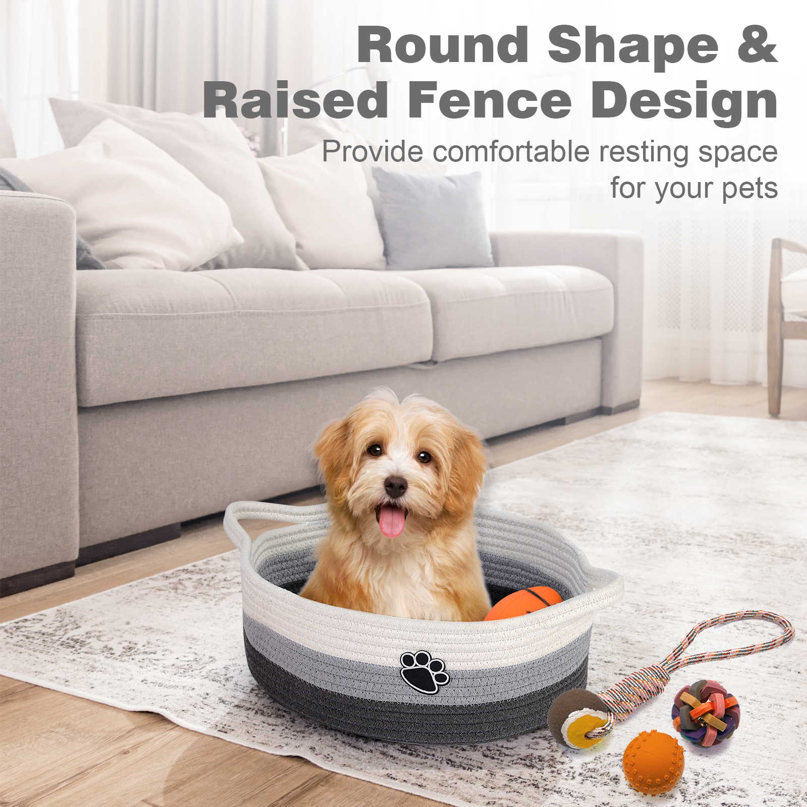 Optish Dog Toy Basket, Toy Box and Bin for Dog Cat Storage, 13.5" X 11" X 5" Small Woven Rope Basket for Baby Storage, Closet, Living Room, White & Grey - Image 5