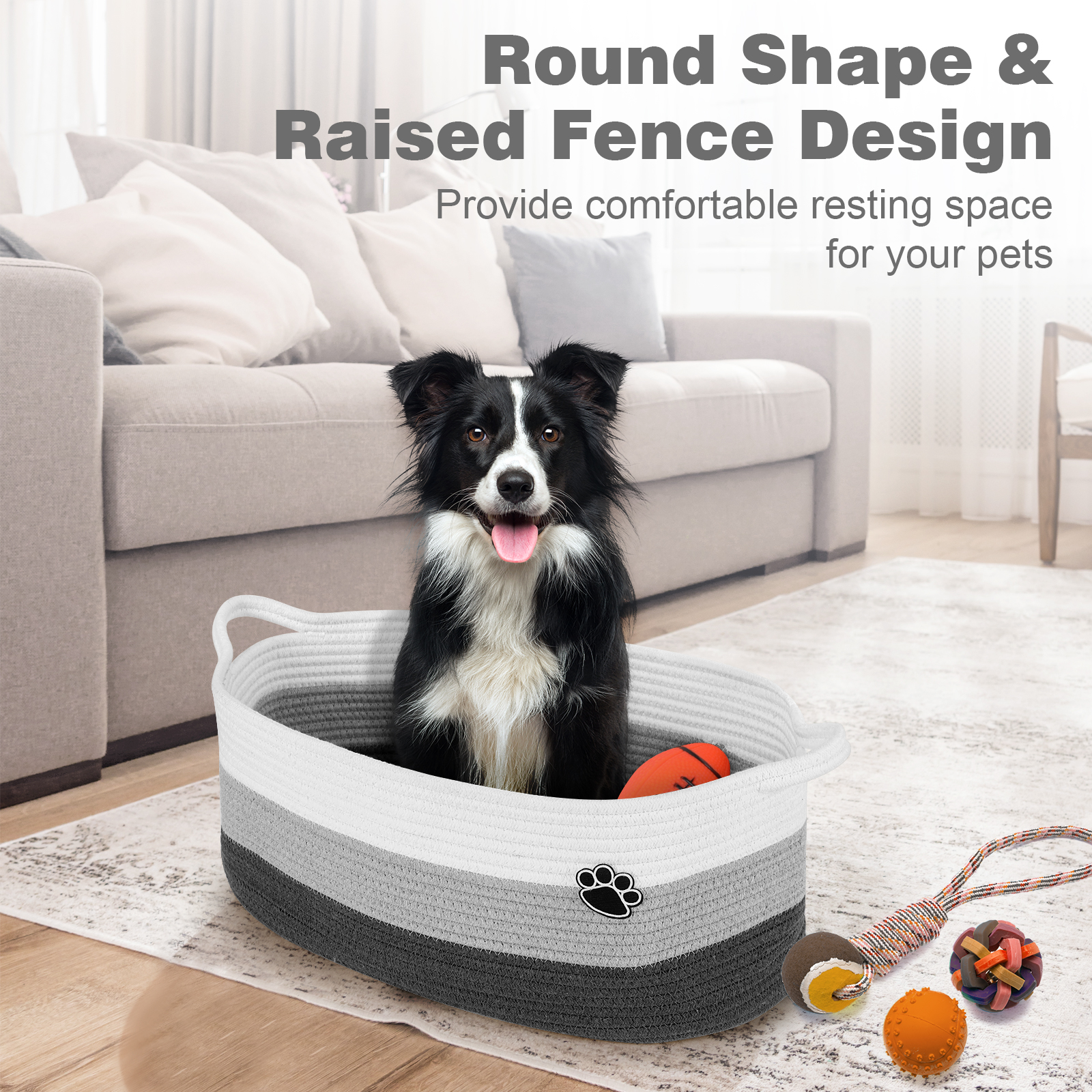 Optish Dog Toy Basket, 30L Toy Box and Bin for Dog Cat Storage, 19.7" X 11" X 7.9" Large Woven Rope Basket for Blankets, Living Room, Bedroom, White & Grey - Image 5