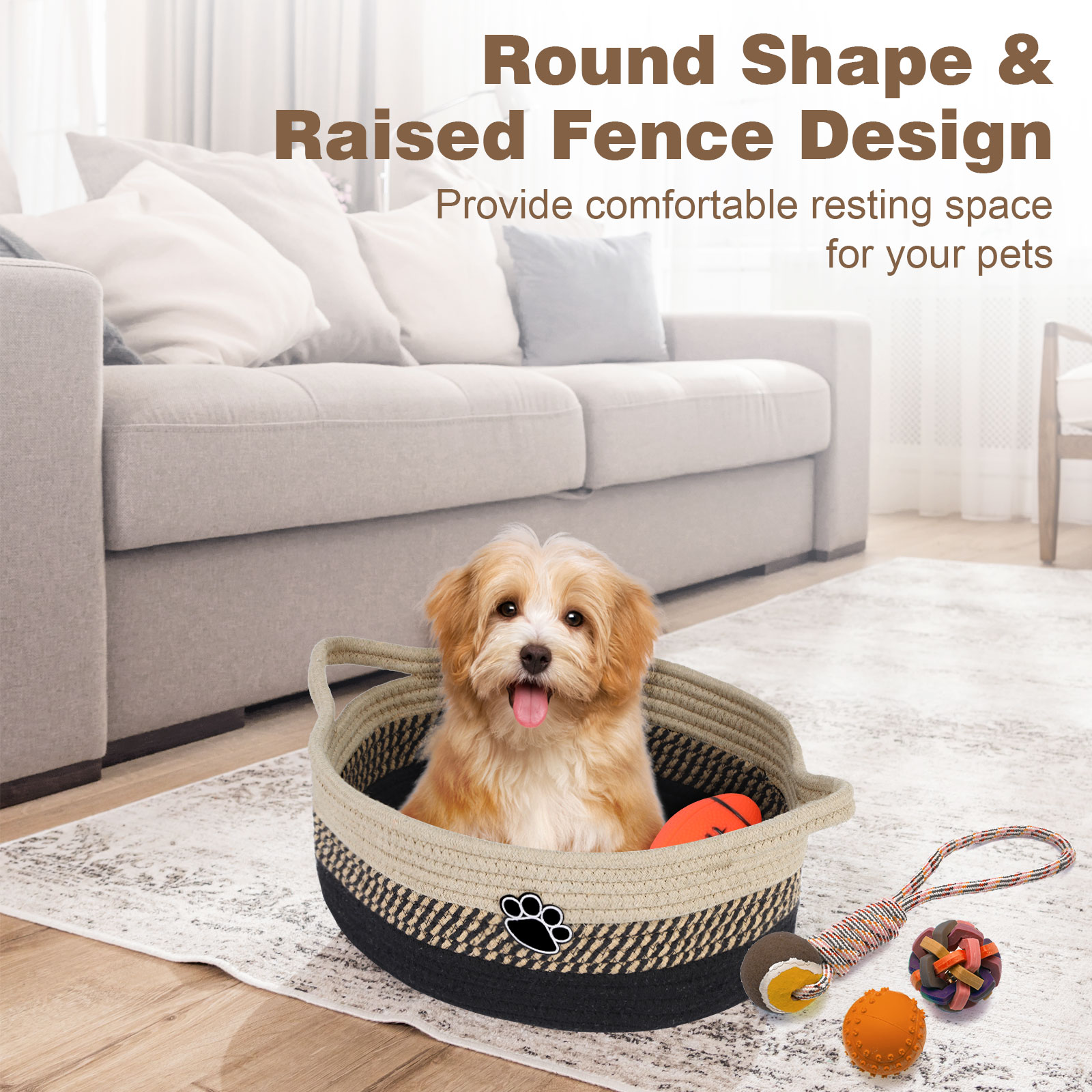 Optish Dog Toy Basket, Toy Box and Bin for Dog Cat Storage, 13.5" X 11" X 5" Small Woven Rope Basket for Baby Storage, Closet, Living Room, Brown & Black - Image 4