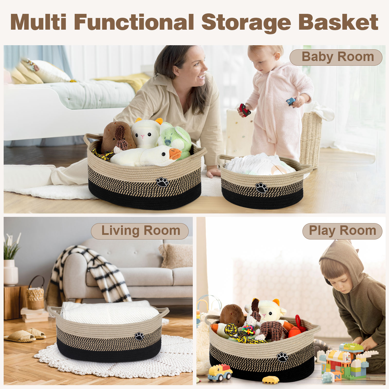 Optish Dog Toy Basket, 30L Toy Box and Bin for Dog Cat Storage, 19.7" X 11" X 7.9" Large Woven Rope Basket for Blanket Storage, Living Room, Bedroom, Black & Brown - Image 5