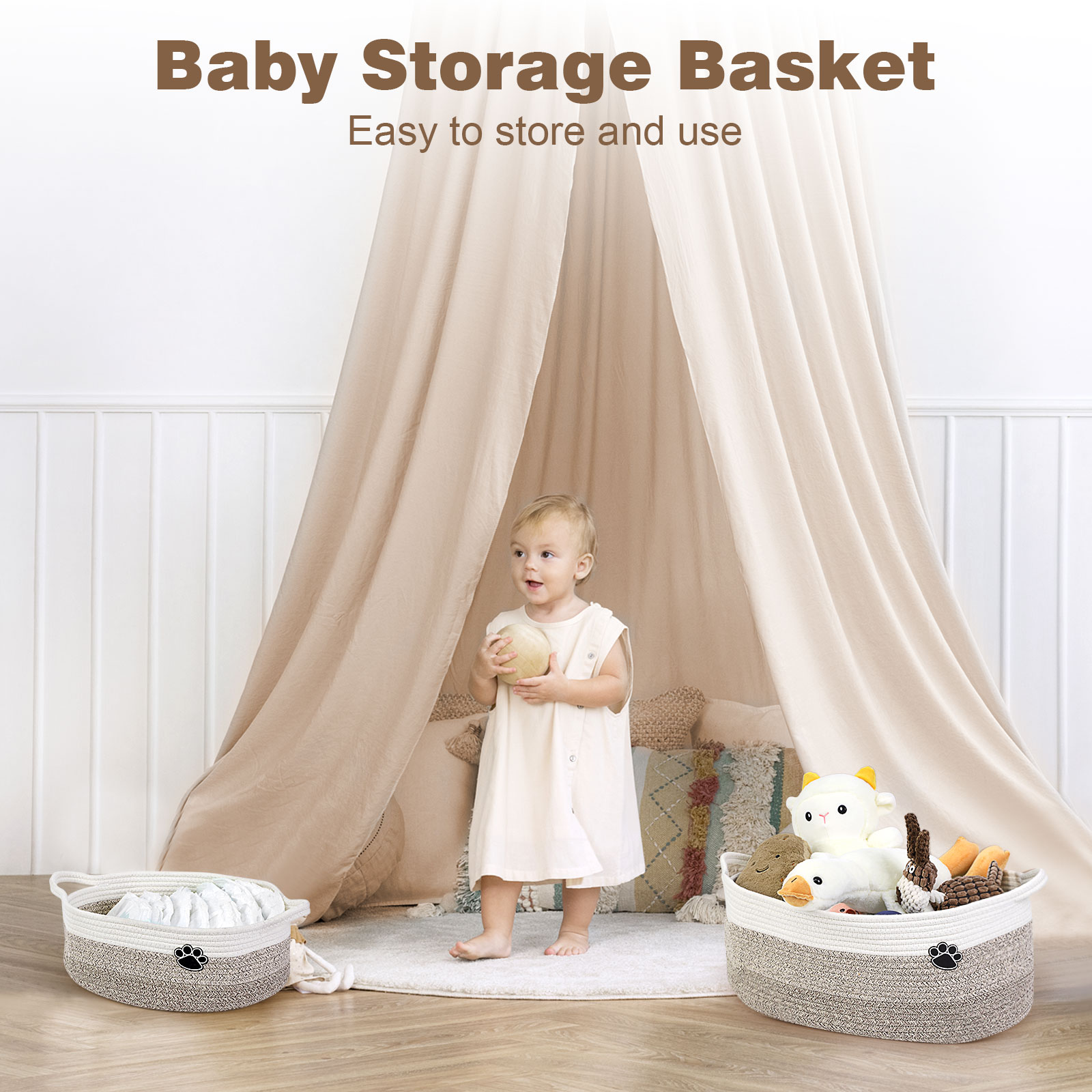 Optish Dog Toy Basket, Toy Box and Bin for Dog Cat Storage, 13.5" X 11" X 5" Small Woven Rope Basket for Baby Storage, Closet, Living Room, White & Brown - Image 5