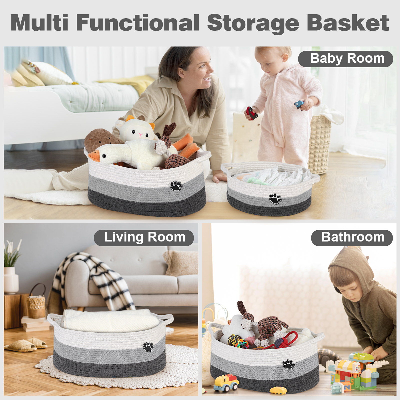 Optish Dog Toy Basket, 30L Toy Box and Bin for Dog Cat Storage, 19.7" X 11" X 7.9" Large Woven Rope Basket for Blankets, Living Room, Bedroom, White & Grey - Image 4