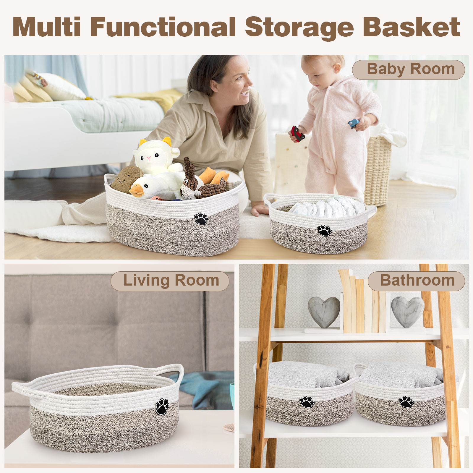 Optish Dog Toy Basket, Toy Box and Bin for Dog Cat Storage, 13.5" X 11" X 5" Small Woven Rope Basket for Baby Storage, Closet, Living Room, White & Brown - Image 4