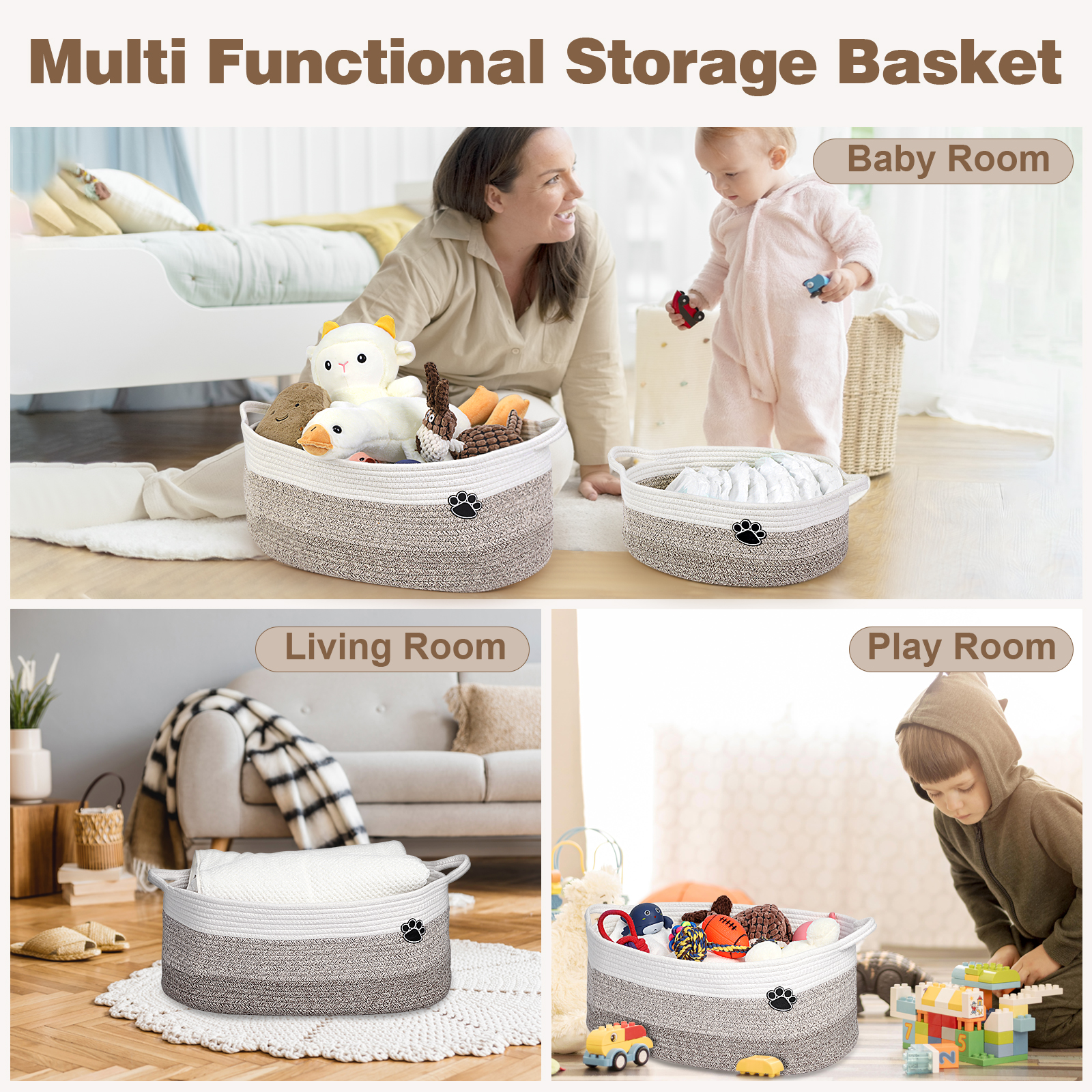 Optish Dog Toy Basket, 30L Toy Box and Bin for Dog Cat Storage, 19.7" X 11" X 7.9" Large Woven Rope Basket for Blanket Storage, Living Room, Bedroom, White & Brown - Image 3