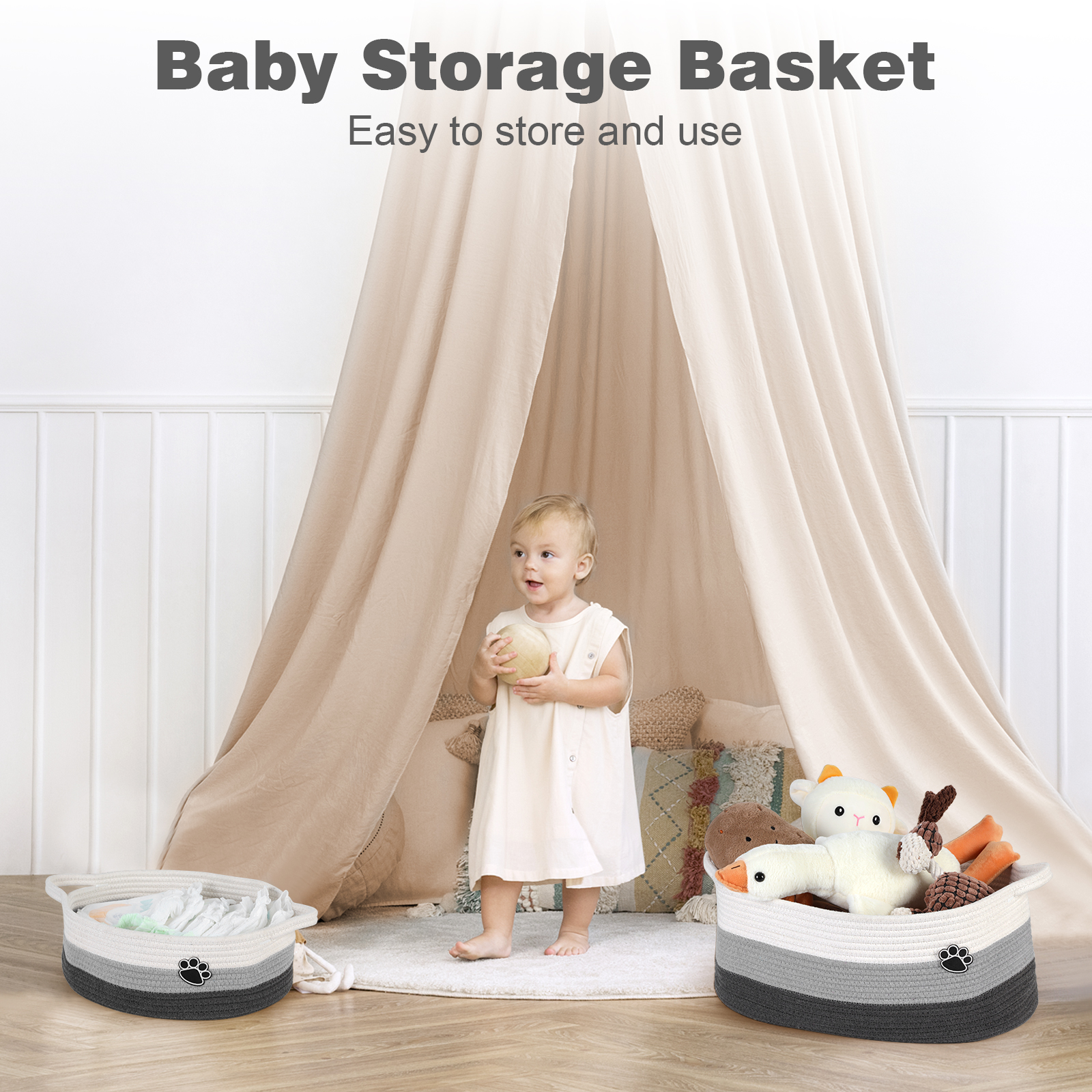 Optish Dog Toy Basket, Toy Box and Bin for Dog Cat Storage, 13.5" X 11" X 5" Small Woven Rope Basket for Baby Storage, Closet, Living Room, White & Grey - Image 3