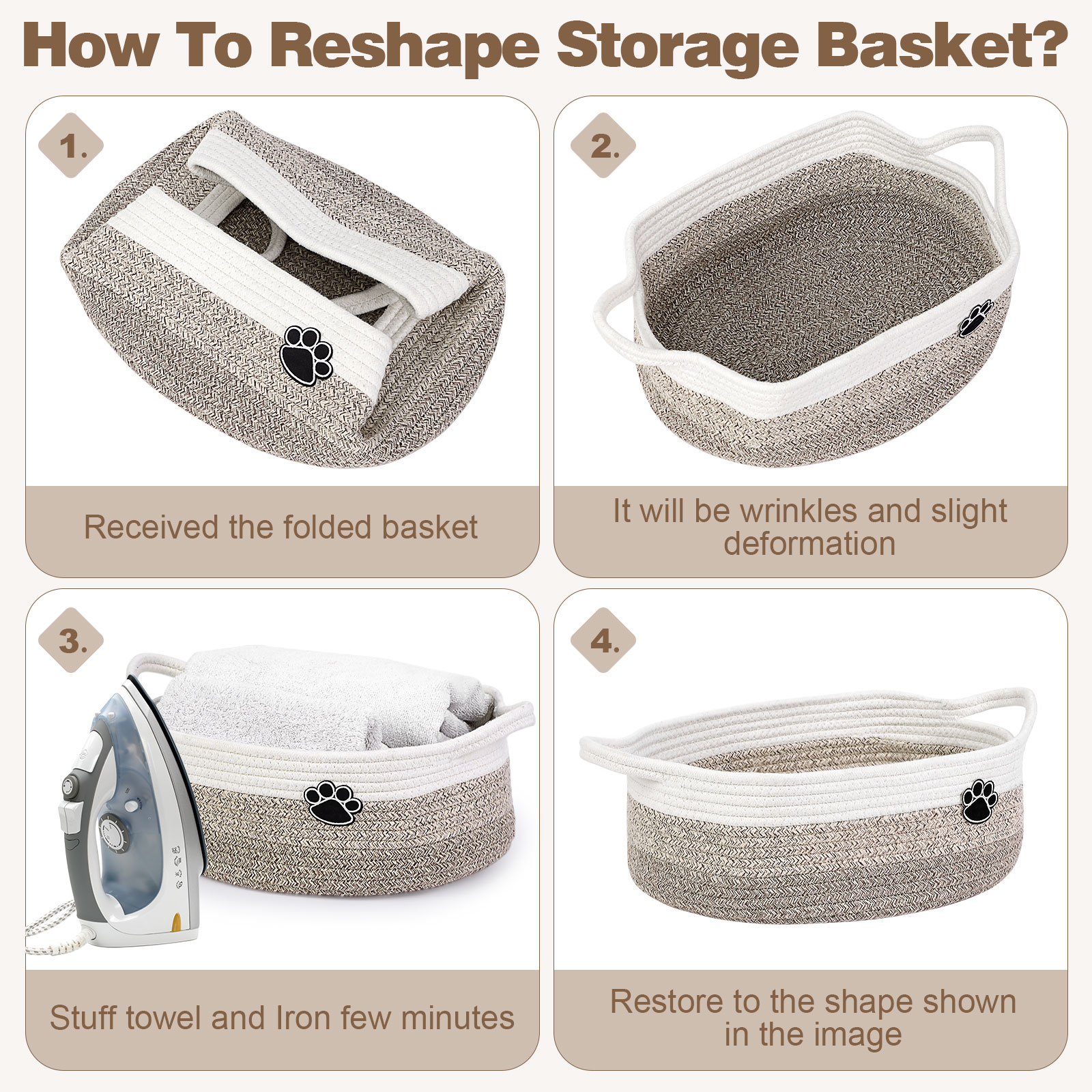 Optish Dog Toy Basket, Toy Box and Bin for Dog Cat Storage, 13.5" X 11" X 5" Small Woven Rope Basket for Baby Storage, Closet, Living Room, White & Brown - Image 3
