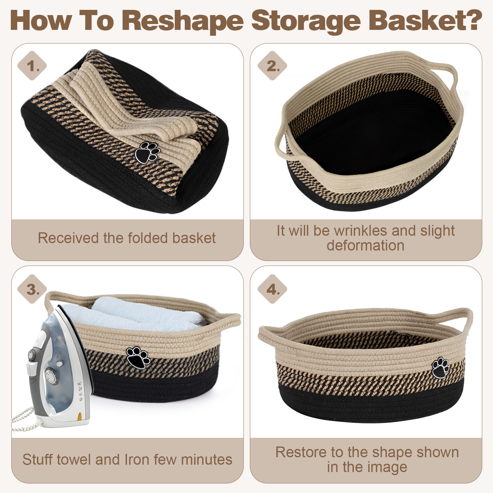 Optish Dog Toy Basket, Toy Box and Bin for Dog Cat Storage, 13.5" X 11" X 5" Small Woven Rope Basket for Baby Storage, Closet, Living Room, Brown & Black - Image 7